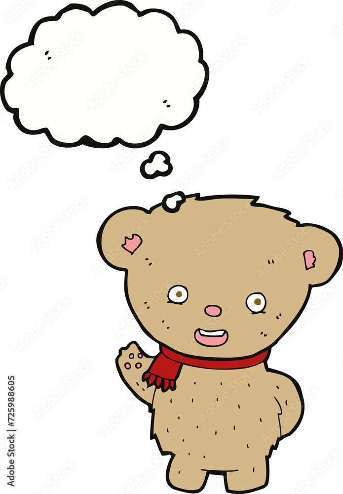 Naklejka premium cartoon teddy bear waving with thought bubble