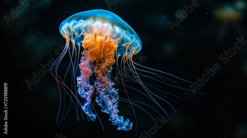 A mesmerizing photo capturing the vibrant elegance of a jellyfish in the deep ocean. Isolated against a velvety black backdrop, the stunning colors and delicate tentacles of this sea creatur