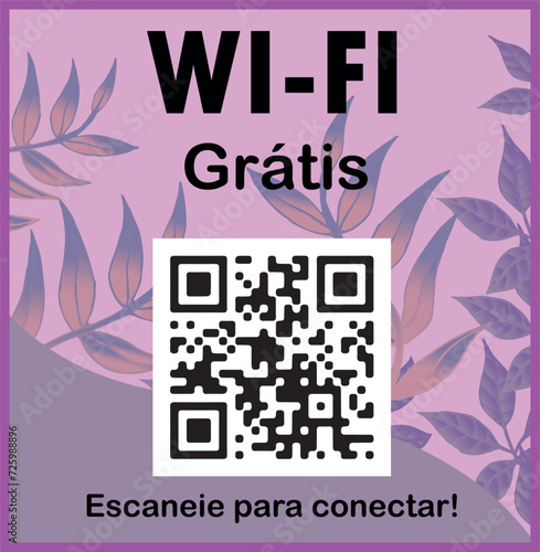 Wi-Fi Grátis Floral QR Code. Arte com  filtro na cor rosa, com fundo de flores silvestres verdes.