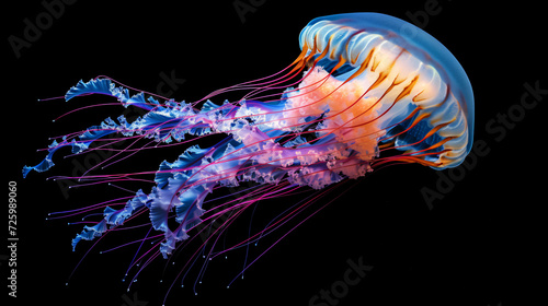 A mesmerizing photograph capturing the ethereal beauty of a vibrant jellyfish gliding through dark waters. Its radiant hues and graceful tentacles stand out against the black backdrop, creat