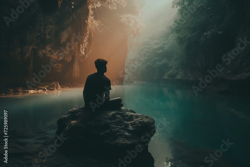 man meditating on the rocks