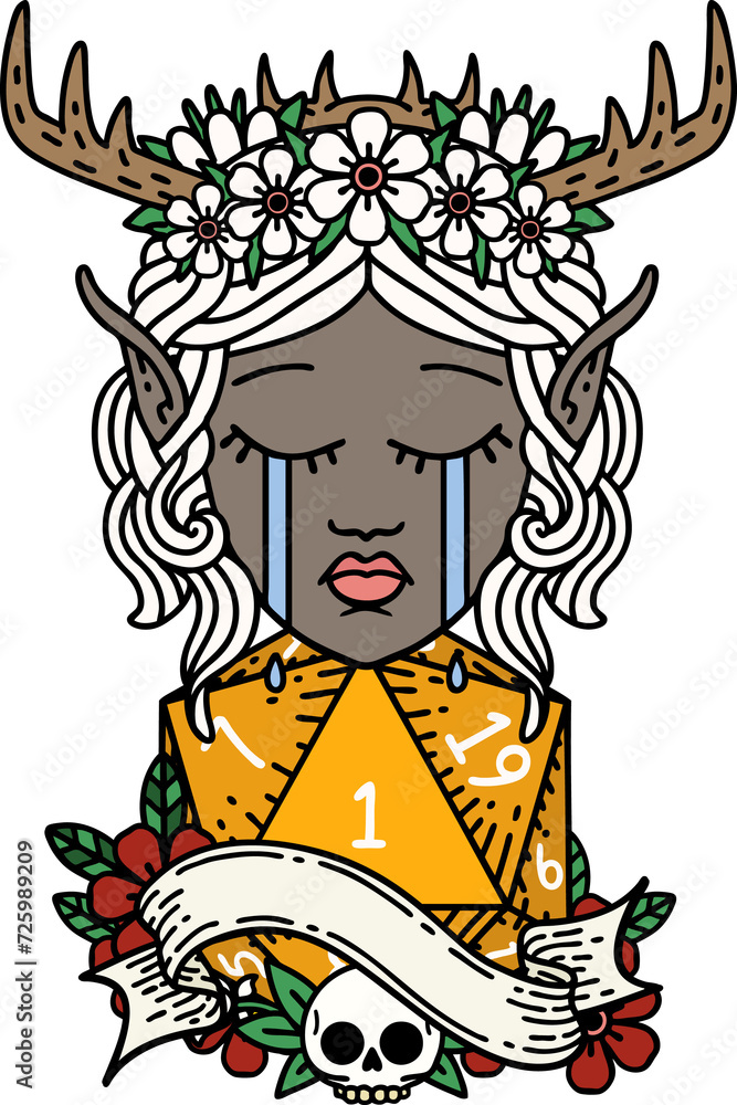 crying elf druid character face with natural one D20 dice roll illustration crying elf druid character face with natural one D20 dice roll illustration