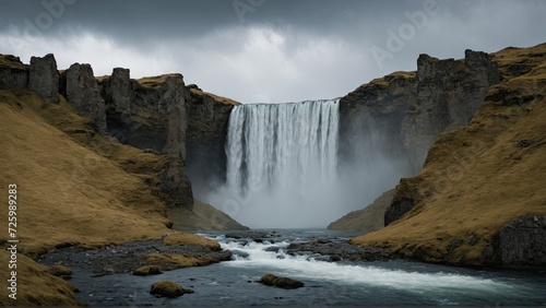 Powerful Waterfall in a Dramatic Landscape in northern atmostphere photo