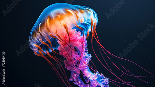 A mesmerizing photograph of a vibrant jellyfish, gracefully floating in an abyss of black. Its vivid colors and delicate tentacles create an enchanting spectacle of aquatic beauty.