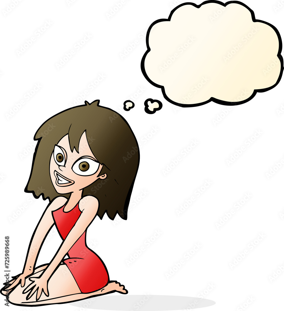 cartoon happy woman in dress with thought bubble