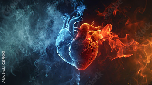 smoking hot vs colhuman heart anatomy in red and blue , smoking hot vs cold heart	 photo