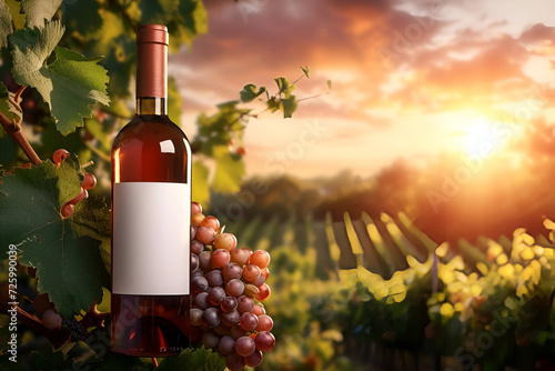 Brandable wine bottle amid grapevines at sunset. Mock-up, copy space