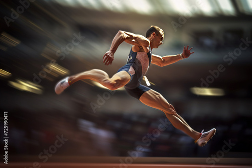 Male track and field athlete leaping in a long jump event - Generative AI photo