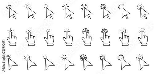 Finger click, computer pointer icon doodle set. Mouse cursor, digital arrow in sketch style. Hand drawn vector illustration isolated on white background