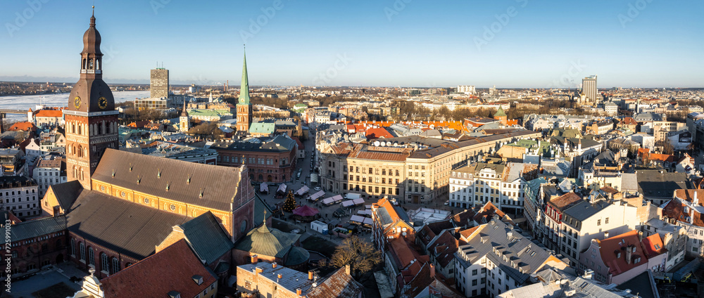 Beautiful aerial Riga view from above. Panoramic view of the Riga old town, the capital of Latvia.