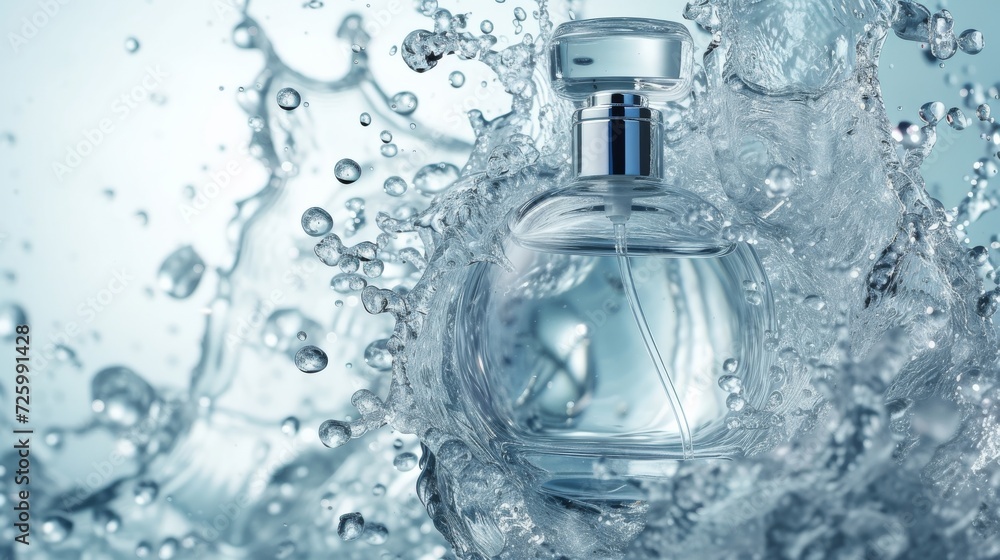 A fragrant solution cascades from a bottle, mingling with clear water in a mesmerizing dance of fluidity and transparency