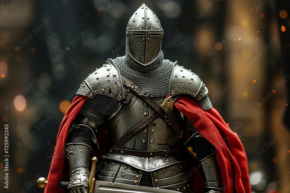 Medieval knight model in full armor Symbolizing chivalry Bravery And the romanticism of the middle ages Medieval knight model in full armor Symbolizing chivalry Bravery And the romanticism of the middle ages