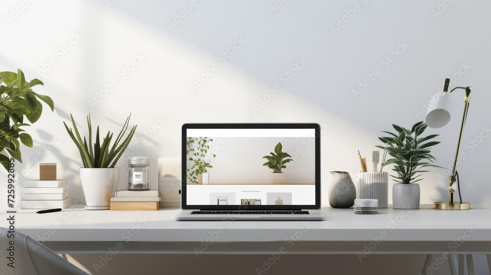 A modern laptop sits atop a sleek white desk, surrounded by a tasteful arrangement of houseplants and a vase of vibrant flowers, framed by a large window and a stylish mirror on the wall A modern laptop sits atop a sleek white desk, surrounded by a tasteful arrangement of houseplants and a vase of vibrant flowers, framed by a large window and a stylish mirror on the wall