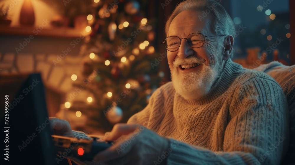 A person engrossed in virtual worlds while the warm glow of a christmas tree illuminates their human face, adorned with festive clothing and framed by glasses, creating a cozy and modern indoor scene A person engrossed in virtual worlds while the warm glow of a christmas tree illuminates their human face, adorned with festive clothing and framed by glasses, creating a cozy and modern indoor scene