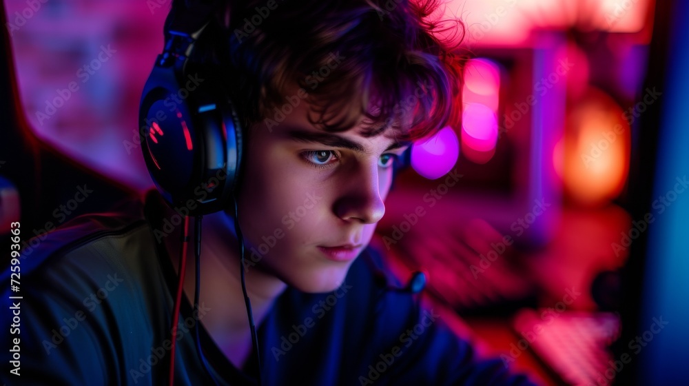 A young man, lost in his own world, immerses himself in the music flowing through his headphones while indoors, his face reflecting the emotions evoked by the captivating beat A young man, lost in his own world, immerses himself in the music flowing through his headphones while indoors, his face reflecting the emotions evoked by the captivating beat