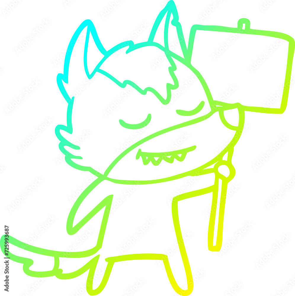 Obraz premium cold gradient line drawing friendly cartoon wolf with blank sign