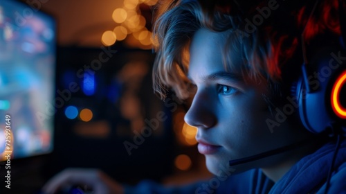 A young girl immersed in her virtual world, captured in a stunning portrait wearing headphones and illuminated by soft indoor light