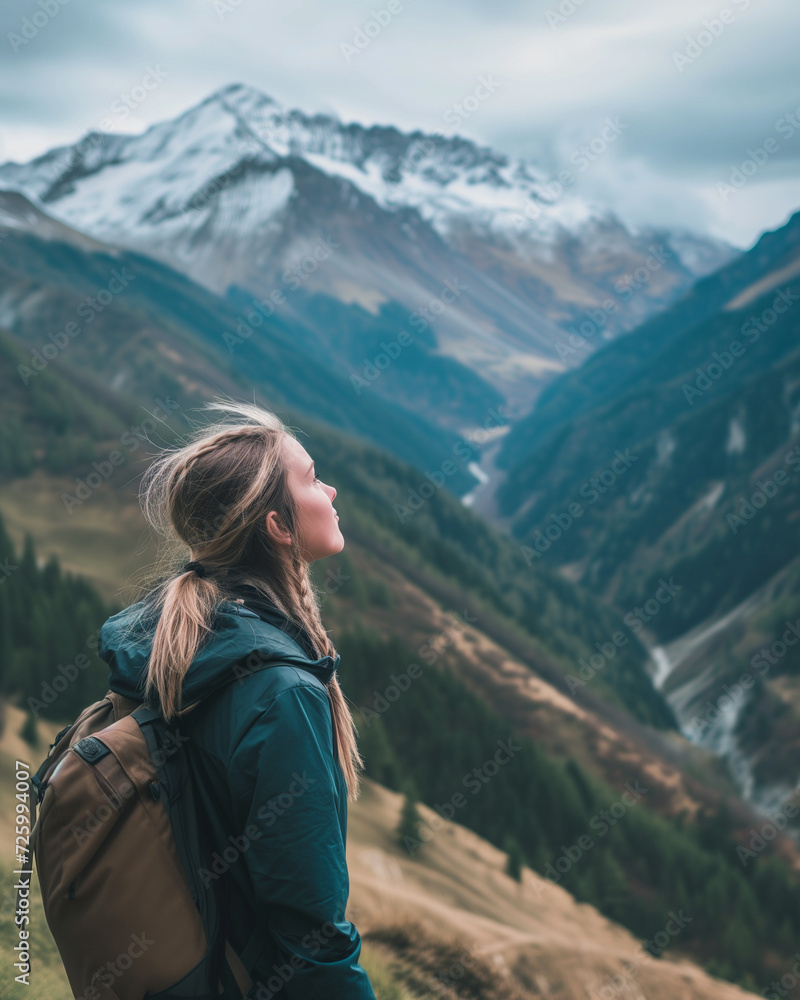 Young woman inhales fresh mountain air, adventure awaits. Hiking and relaxation in nature. Concept of freedom, sport and wellbeing Young woman inhales fresh mountain air, adventure awaits. Hiking and relaxation in nature. Concept of freedom, sport and wellbeing