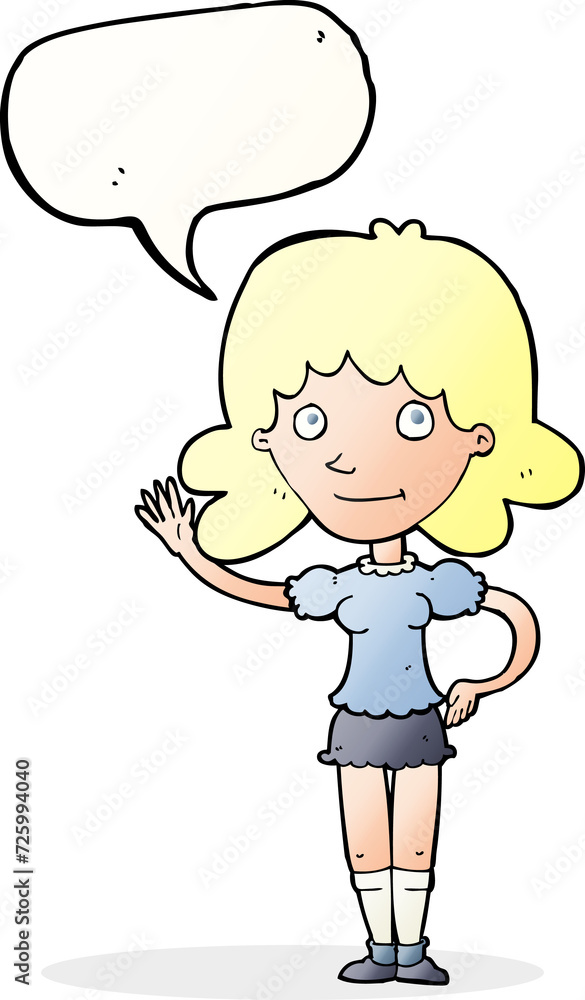 cartoon woman waving with speech bubble cartoon woman waving with speech bubble
