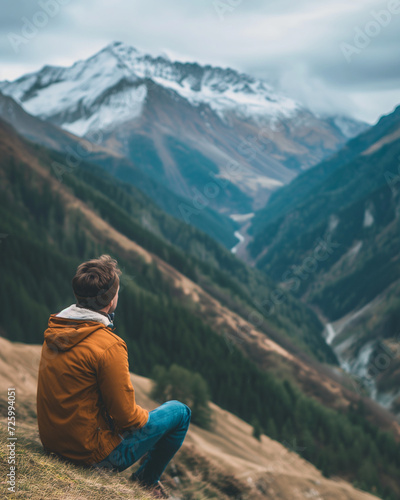 Person in orange jacket sitting peacefully on mountain slope, contemplating serene valley view. Concept of wonder, solitude, relaxation and nature.