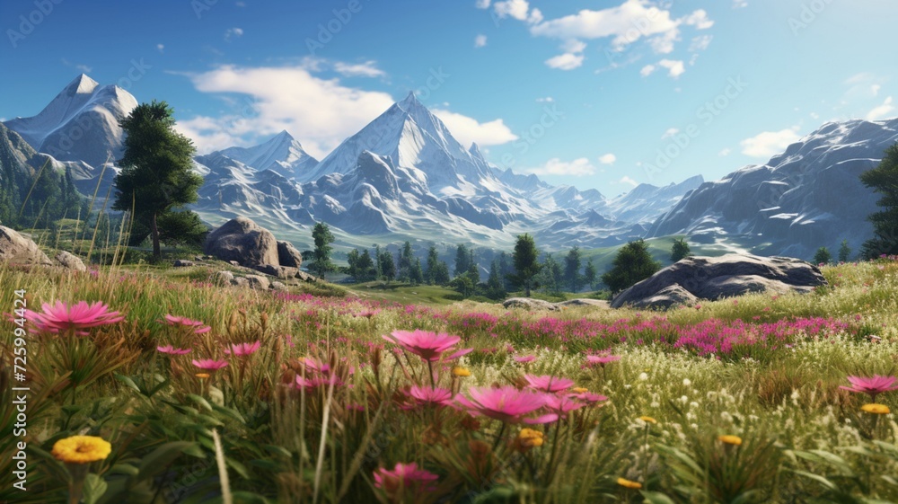 Serene Splendor: A Tapestry of Wildflowers Embraced by Majestic Mountain Peaks, A Harmonious Dance of Nature's Beauty in the Heart of the Wilderness