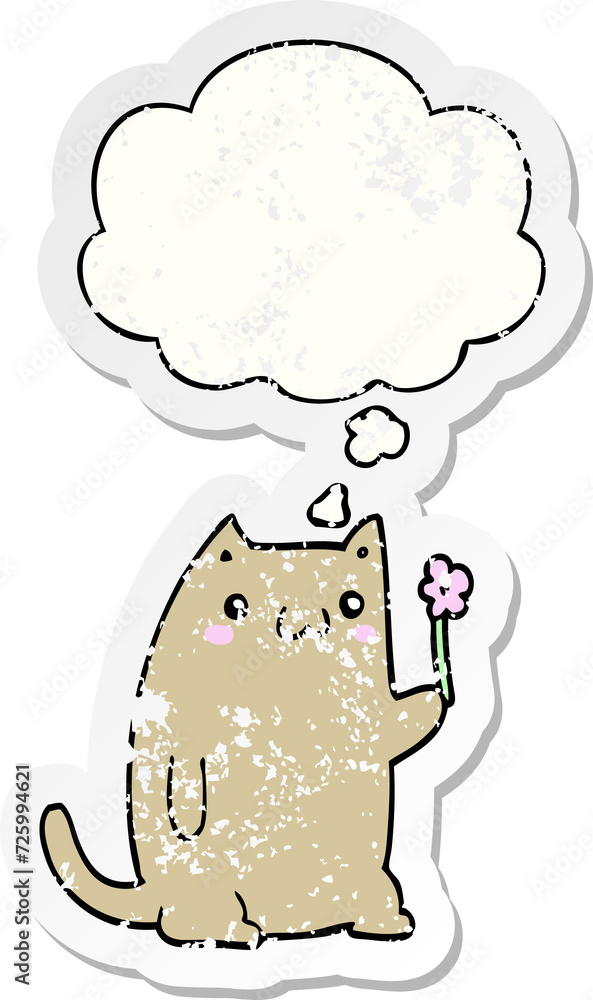 cute cartoon cat with flower and thought bubble as a distressed worn sticker cute cartoon cat with flower and thought bubble as a distressed worn sticker