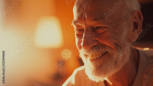A weathered face filled with life and character, the man's joyful smile reveals a story etched into every wrinkle and hair on his chin and moustache photo