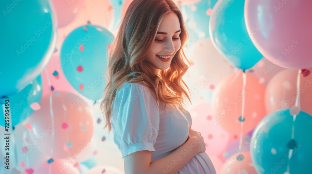 young woman in a photo studio, celebrating her baby's gender reveal generative ai