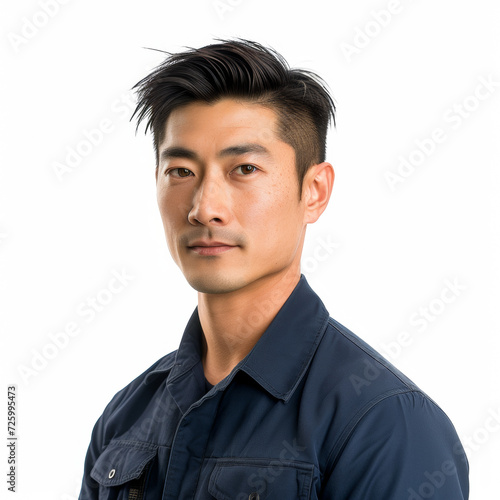 Asian professional technical engineer. ID card studio shot. Isolated on white background.