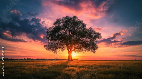 Beautiful tall tree in a field with an amazing sunset generative ai