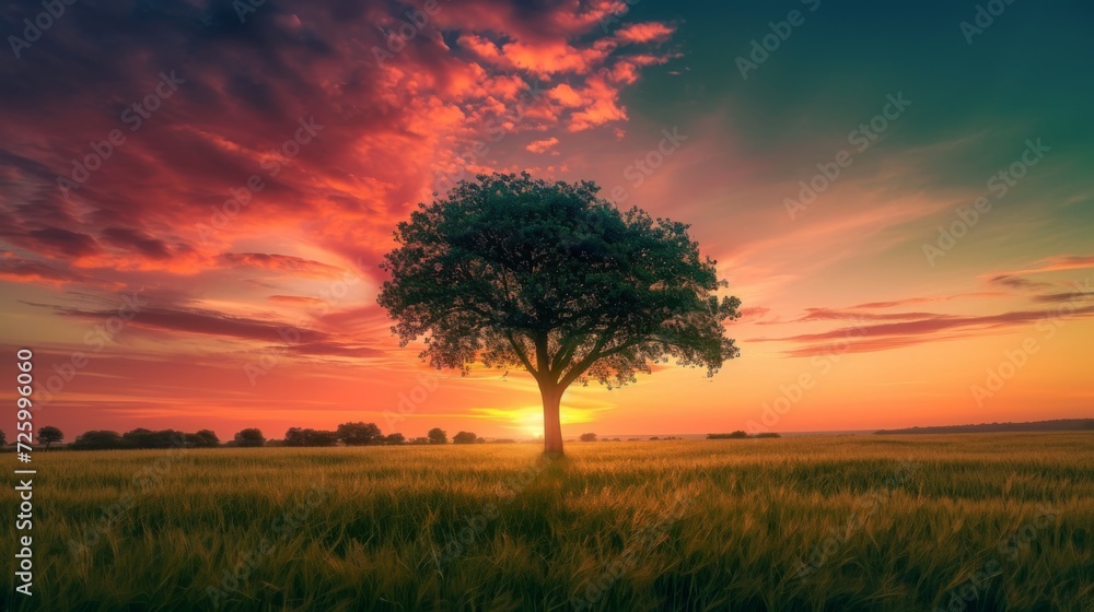 Fototapeta premium Beautiful tall tree in a field with an amazing sunset generative ai