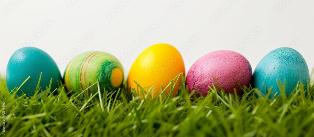 Colorful Easter eggs rest on vibrant green grass against a white backdrop.