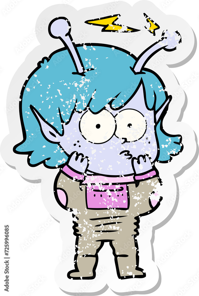 distressed sticker of a cartoon alien girl distressed sticker of a cartoon alien girl