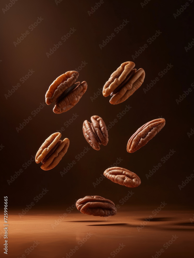 Pecans floating in midair against a vertical deep brown gradient backdrop. Concept for National
