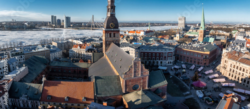 Aerial view of the Christmas market in Riga  Latvia.