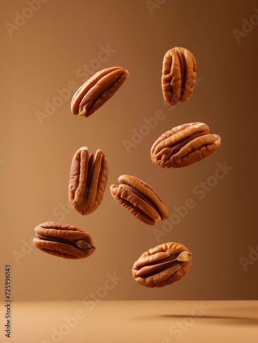 Pecans floating in mid-air against a vertical deep brown gradient backdrop. Concept for National Pecan Month, April. Nut varieties with antioxidants, reduce cholesterol levels and heart disease risk.
