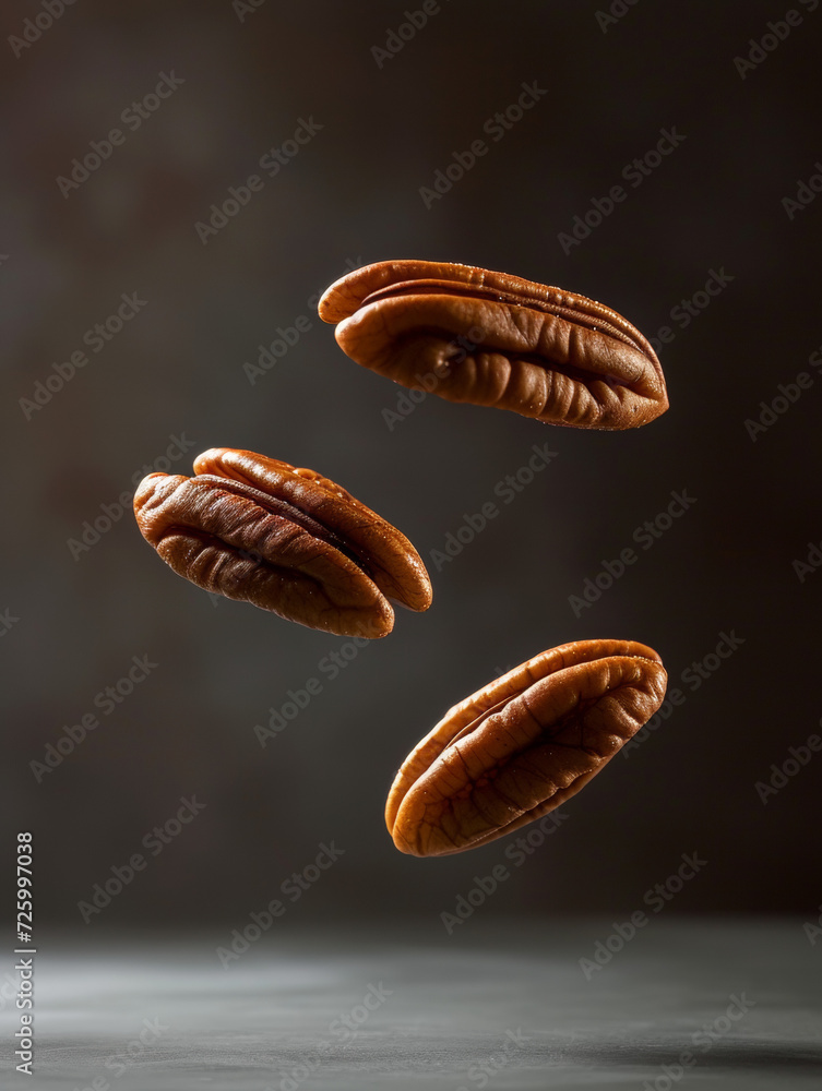 Pecans floating in midair against a vertical deep brown gradient backdrop. Concept for National