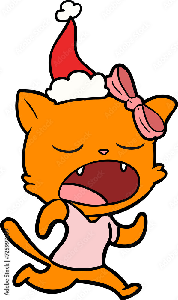 line drawing of a yawning cat wearing santa hat line drawing of a yawning cat wearing santa hat