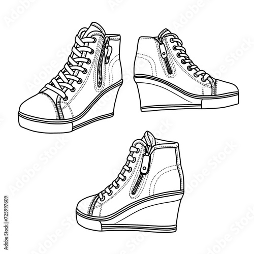 Template vector drawing of Women's Canvas Casual Shoes Slip-On High Top Sneakers Line art, suitable for your custom Sneakers design, outline vector doodle illustration, 3d view isolated on white