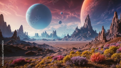 A vast alien landscape with strange mountains, planets in the sky, and colorful plants.The image invites viewers to imagine the diversity of planets in the universe.