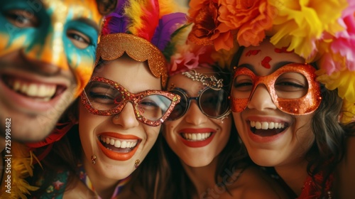 cheerful group of friends, having fun at carnival, wearing vibrant costumes and masks generative ai