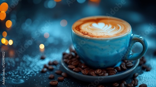 Latte Artistry in a Cerulean Cup. AI Generative.