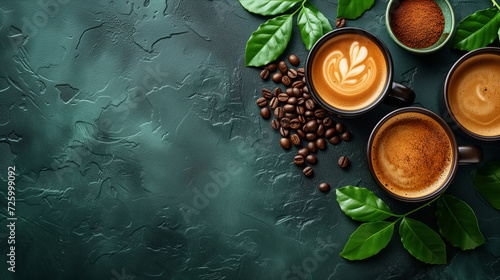 Latte Ensemble on Textured Teal, Coffee Beans and Leaves, with Copy Space. AI Generative.