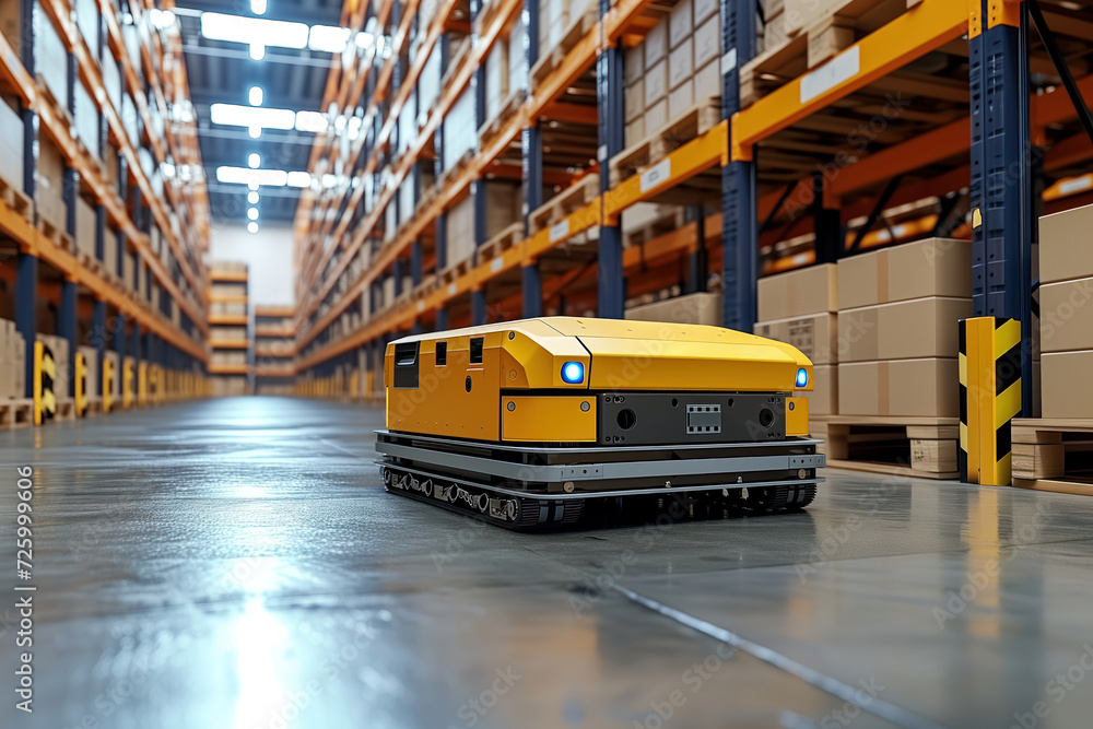 Automated guided vehicles are used in warehouses to transport logistic items Generative AI