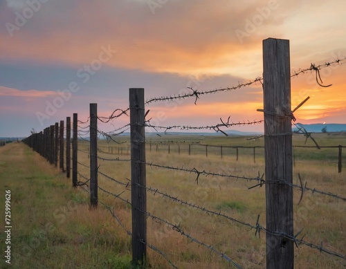 Barbed wire fence against a sunset background. To illustrate articles and materials related to restricted access, security, borders, military bases or prisons.