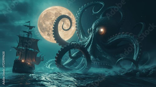 A giant octopus kraken monster attacking a pirate ship  Seamless looping 4k time-lapse virtual video animation background. Generated AI	 photo