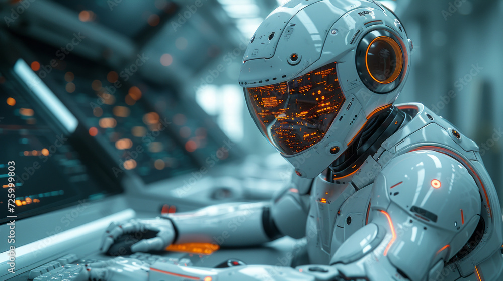 Fototapeta premium An AI robot sitting on a futuristic desk looking at his computer screen ,generative ai