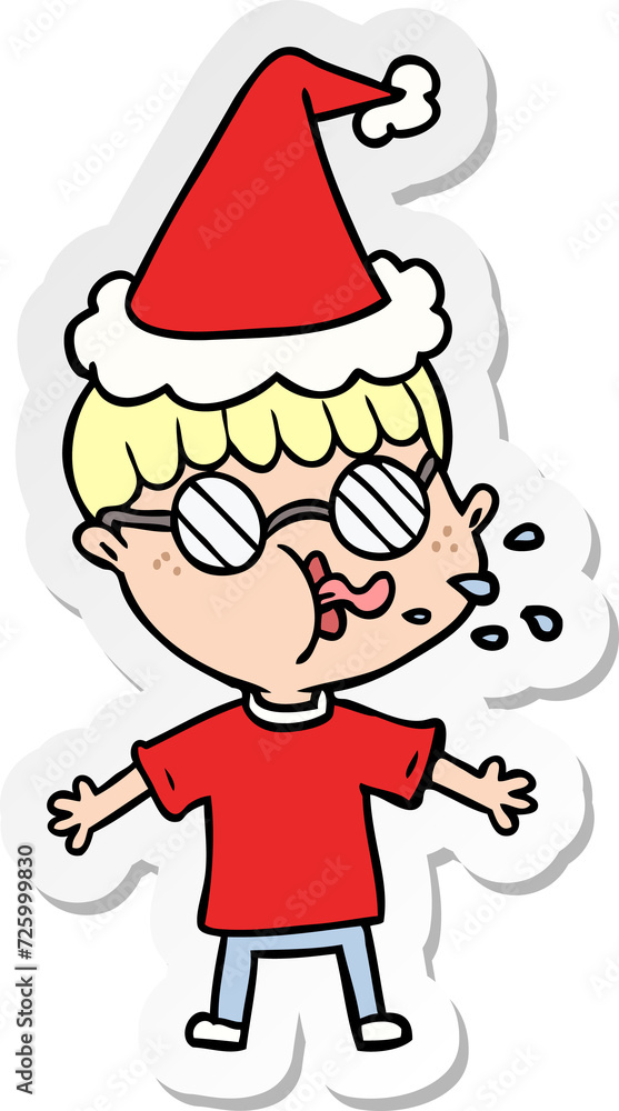 sticker cartoon of a boy wearing spectacles wearing santa hat