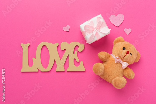 Valentines day composition with gifts on color background, top view. © Liami
