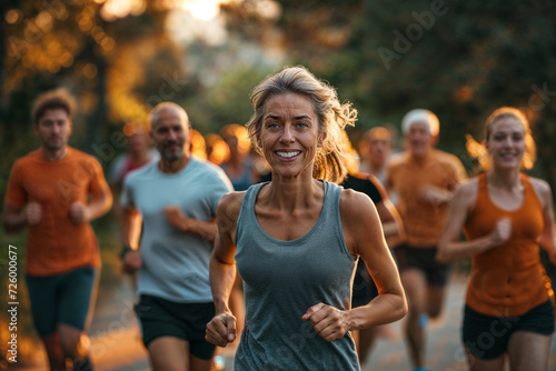 Smiling seniors and youths run outdoors in sports clothing.